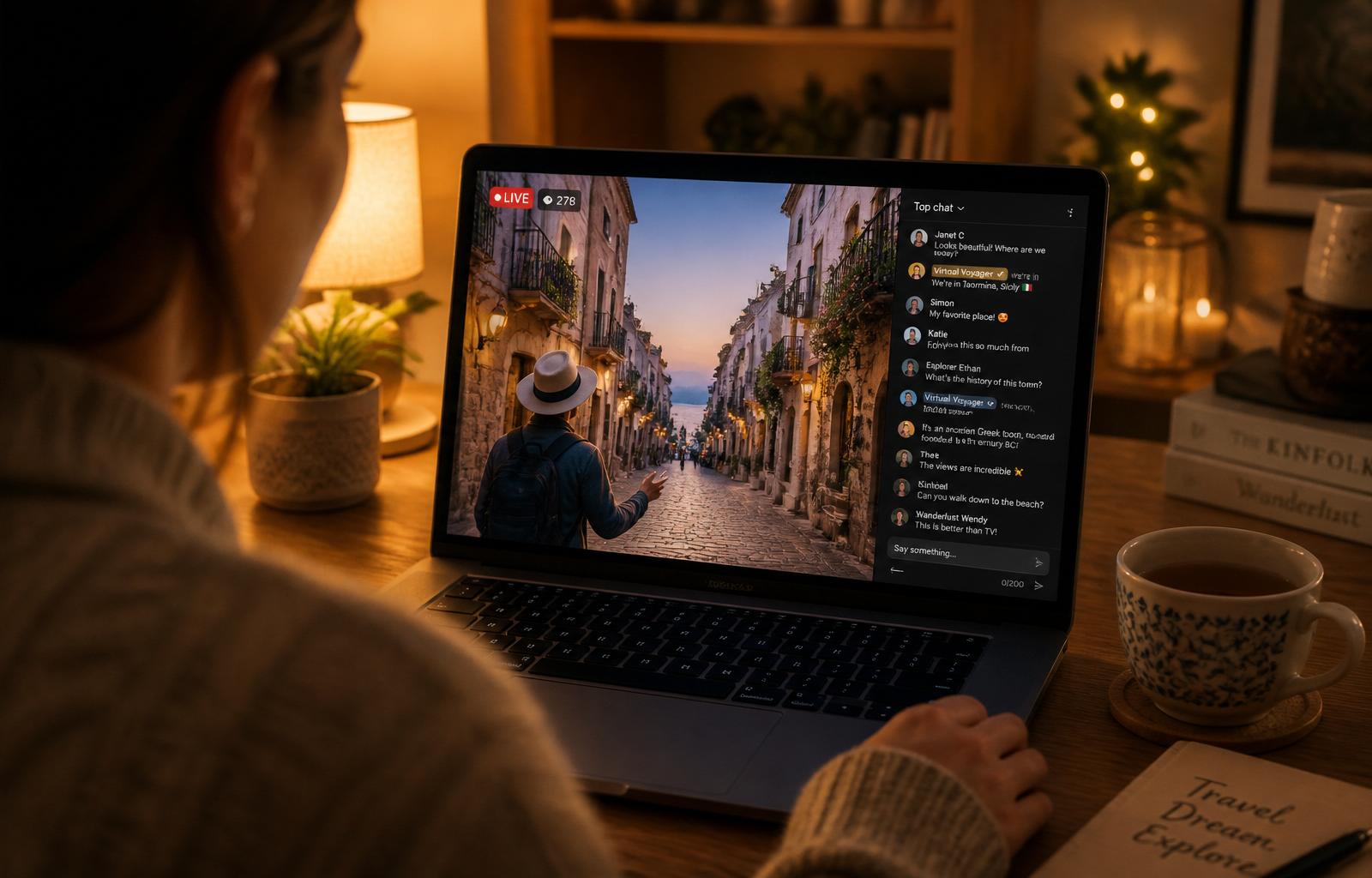 A viewer at home watching a live streamed virtual walking tour on a laptop